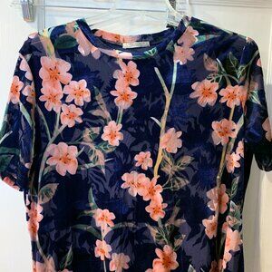Zara Womens' Short Sleeve Navy Floral Top Velveteen M